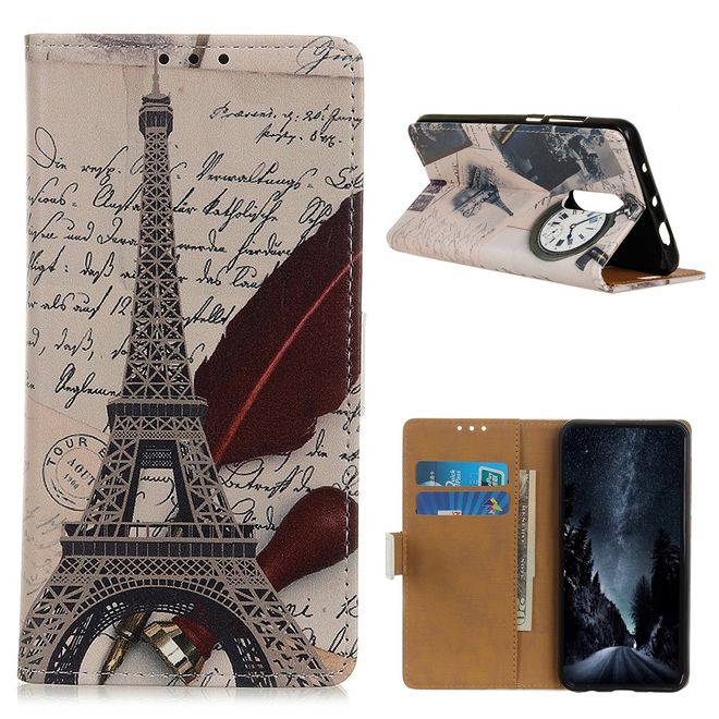 OnePlus 7 Handyhülle - Leder Bookcover Image II Series - Eiffelturm und Feder