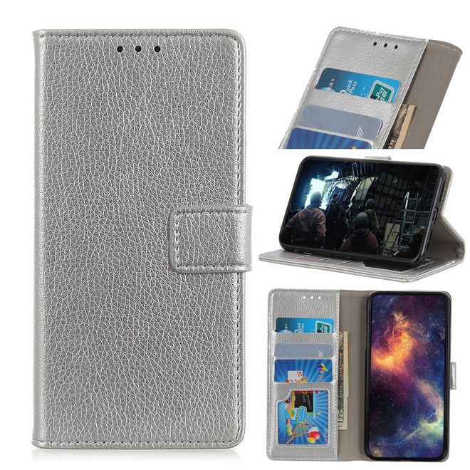 OnePlus 7 Handy Hülle - Litchi Leder Bookcover II Series - silber