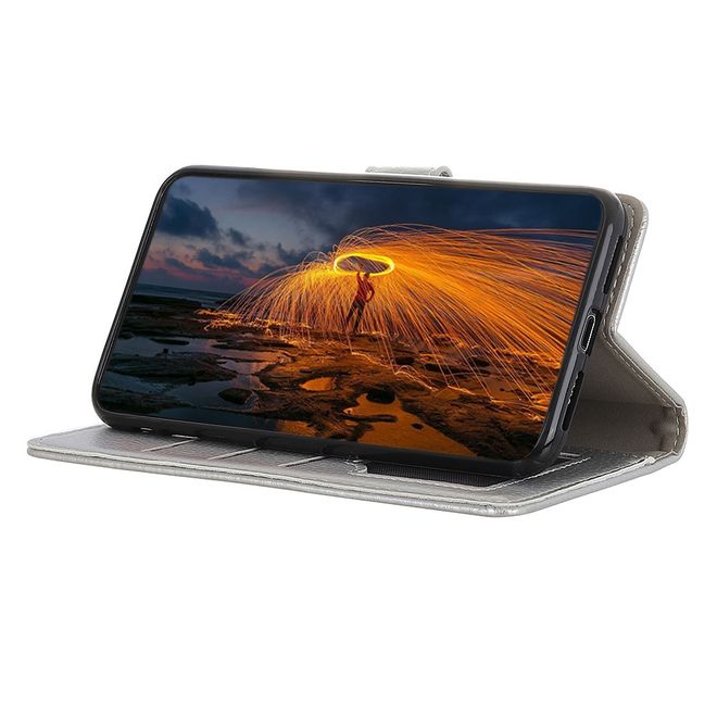 OnePlus 7 Handy Hülle - Litchi Leder Bookcover II Series - silber