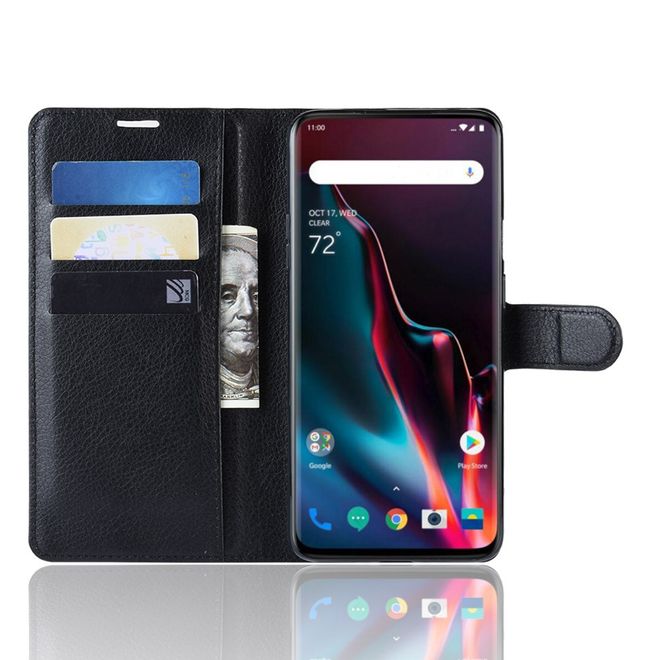 OnePlus 7 Pro Handy Hülle - Litchi Leder Bookcover Series - schwarz