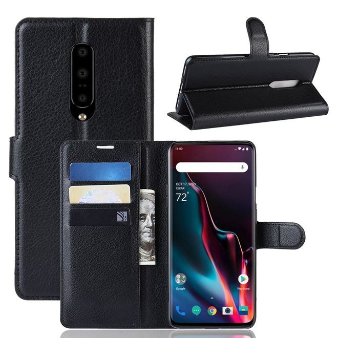 OnePlus 7 Pro Handy Hülle - Litchi Leder Bookcover Series - schwarz