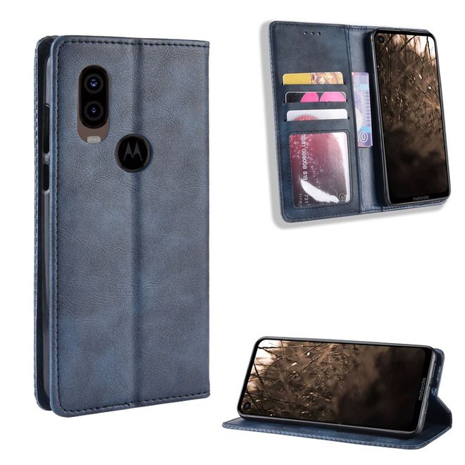 Étui pour Motorola One Vision - Étui magnétique style vintage - Bleu
