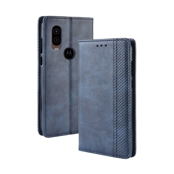 Étui pour Motorola One Vision - Étui magnétique style vintage - Bleu
