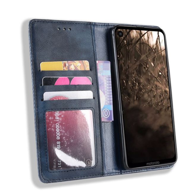 Étui pour Motorola One Vision - Étui magnétique style vintage - Bleu