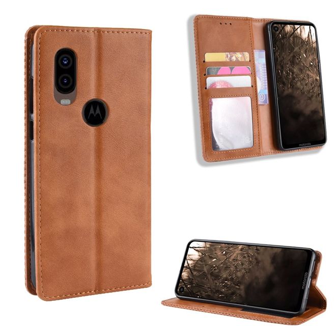 Motorola One Vision Hülle - magnetisches Case im Vintage Look - braun