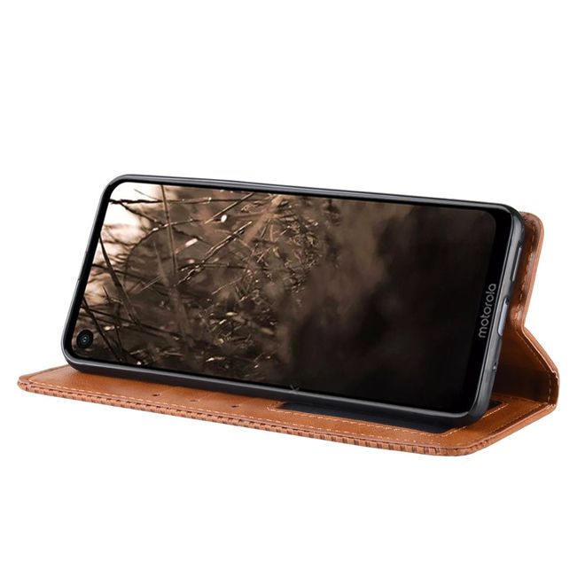 Motorola One Vision Hülle - magnetisches Case im Vintage Look - braun