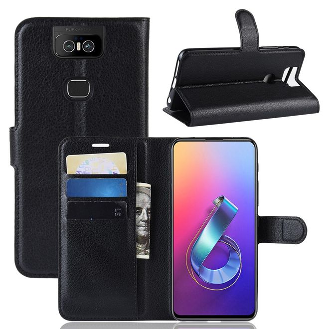 Asus Zenfone 6 (ZS630KL) Handy Hülle - Litchi Leder Bookcover Series - schwarz