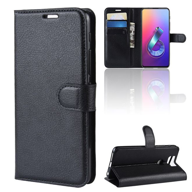 Asus Zenfone 6 (ZS630KL) Handy Hülle - Litchi Leder Bookcover Series - schwarz