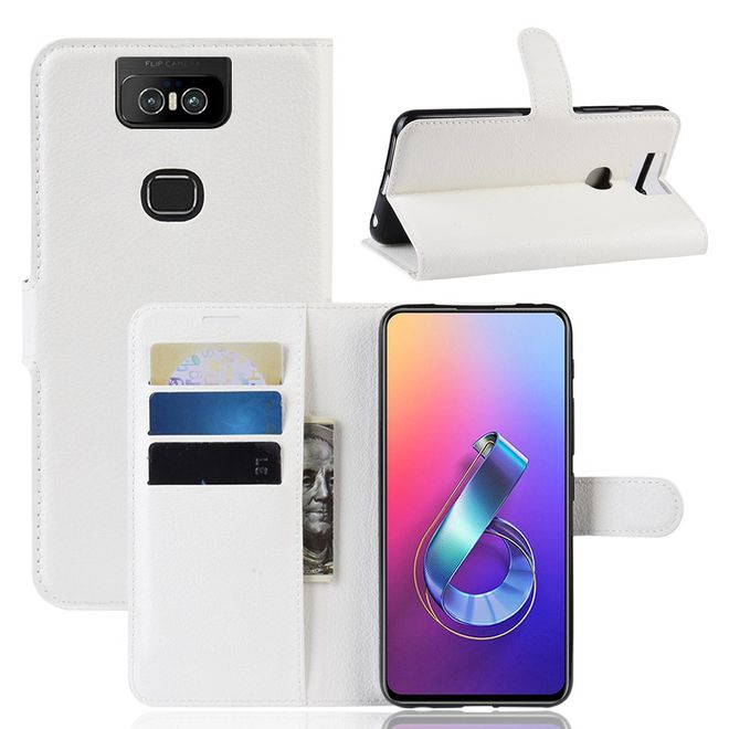 Asus Zenfone 6 (ZS630KL) Handy Hülle - Litchi Leder Bookcover Series - weiss