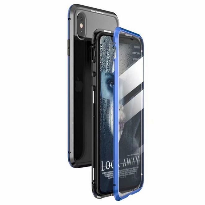 Coque en aluminium et verre trempé à 360° pour iPhone XS Max avec technologie magnétique - Bleu/Noir