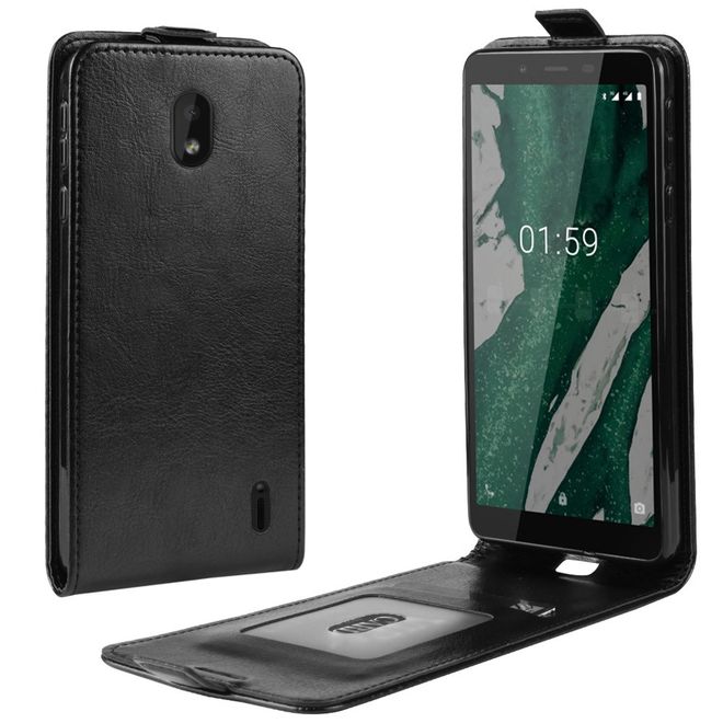 Nokia 1 Plus Handyhülle - Crazy Horse Leder Flipcase - vertikal - schwarz