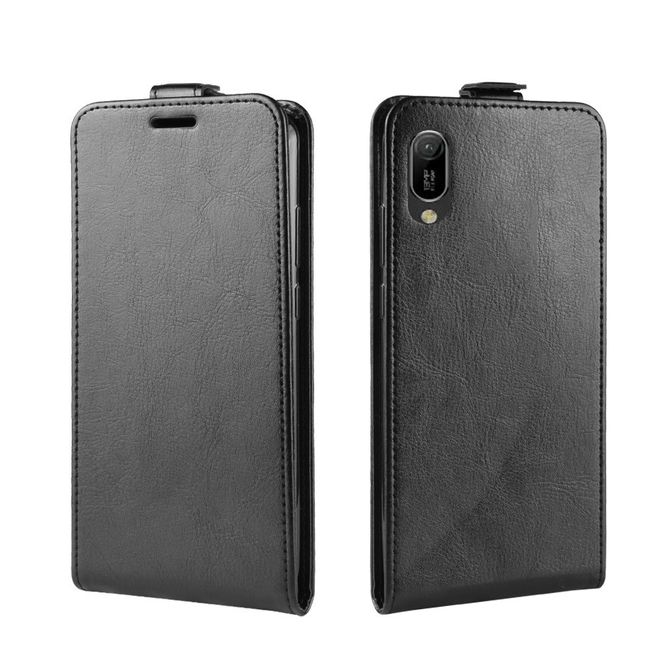 Huawei Y6 (2019) Handyhülle - Crazy Horse Leder Flipcase - vertikal - schwarz