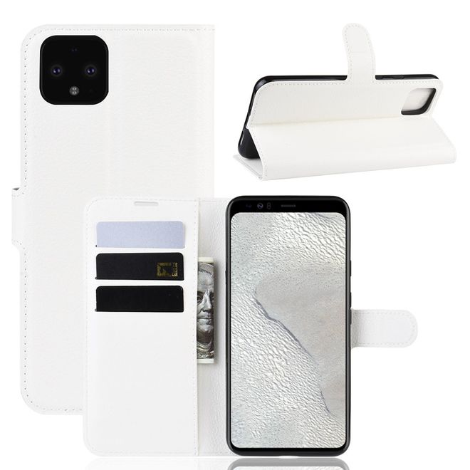 Google Pixel 4 XL Handy Hülle - Litchi Leder Bookcover Series - weiss