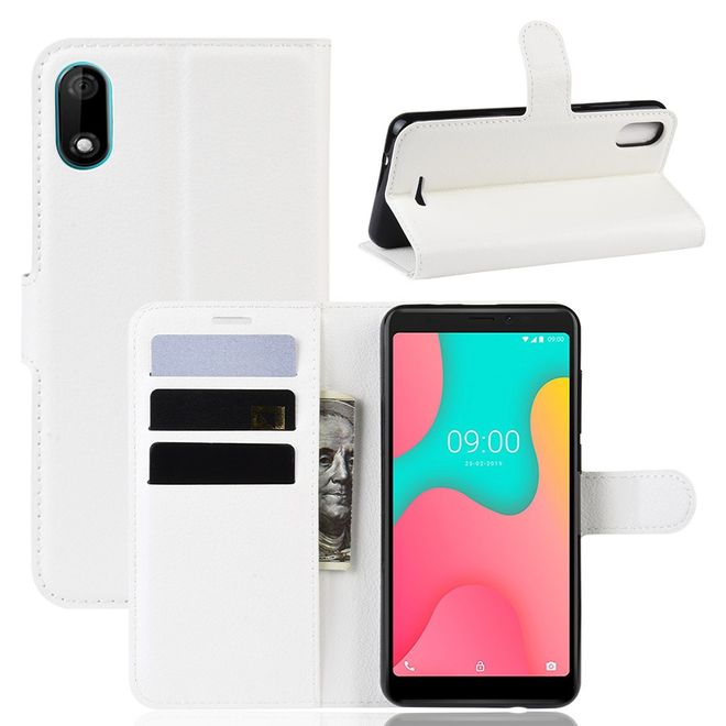 Wiko Y60 Handy Hülle - Litchi Leder Bookcover Series - weiss
