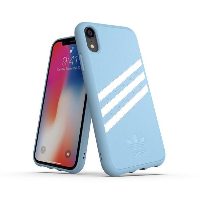 Adidas - iPhone XR Hülle - PU Suede Backcover mit Logo und Streifen - hellblau/weiss