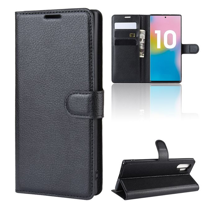 Samsung Galaxy Note 10+ / Note 10+ 5G Handy Hülle - Litchi Leder Bookcover Series - schwarz