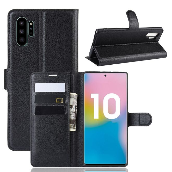 Samsung Galaxy Note 10+ / Note 10+ 5G Handy Hülle - Litchi Leder Bookcover Series - schwarz