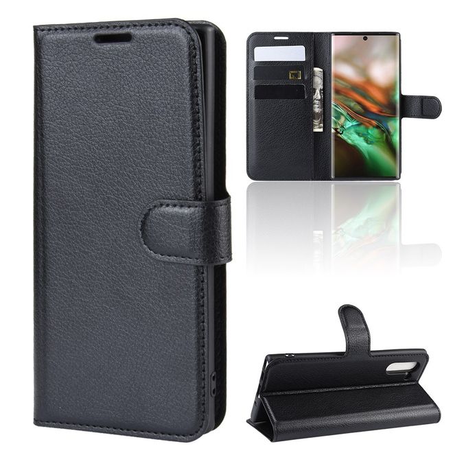 Samsung Galaxy Note 10 Handy Hülle - Litchi Leder Bookcover Series - schwarz