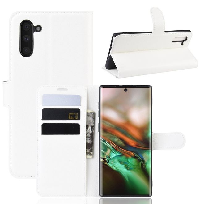 Samsung Galaxy Note 10 Handy Hülle - Litchi Leder Bookcover Series - weiss