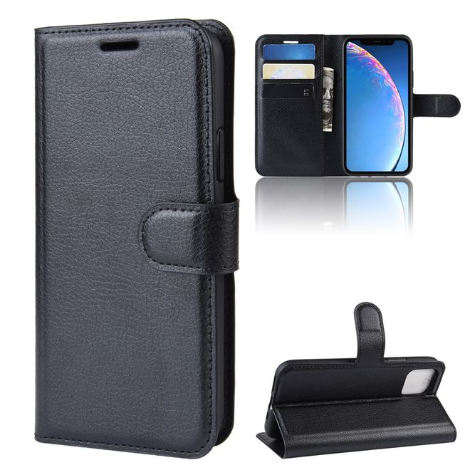 Étui pour iPhone 11 - Collection Litchi Leather Bookcover - Noir