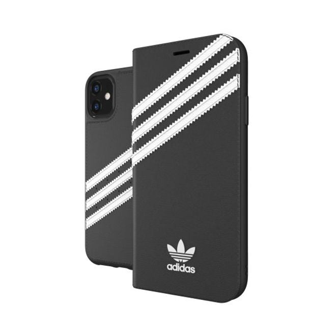 Adidas - iPhone 11 Hülle - PU Bookcover mit Logo und Streifen - schwarz/weiss