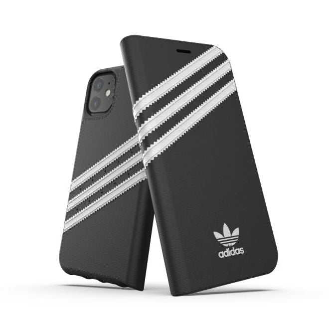 Adidas - iPhone 11 Hülle - PU Bookcover mit Logo und Streifen - schwarz/weiss