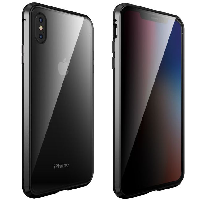 iPhone XS / X - 360 Degree Tempered Glass Aluminum Case with Magnetic Technology - Privacy Glass - Black