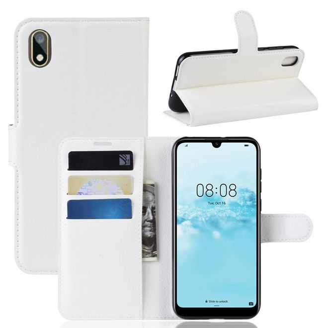 Huawei Y5 (2019) Handy Hülle - Litchi Leder Bookcover Series - weiss