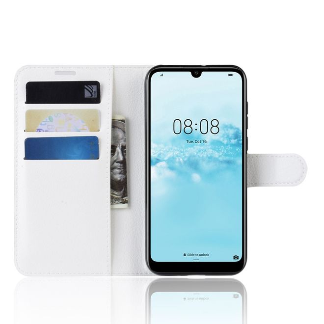 Huawei Y5 (2019) Handy Hülle - Litchi Leder Bookcover Series - weiss