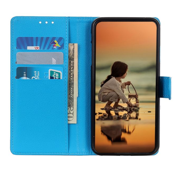 Huawei Mate 30 Lite Handy Hülle - Litchi Leder Bookcover Series - blau