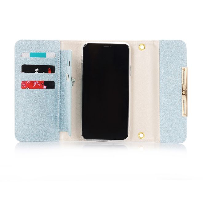 iPhone 11 Pro Max Handyhülle - Glitzernde Clutch mit Halsband - hellblau