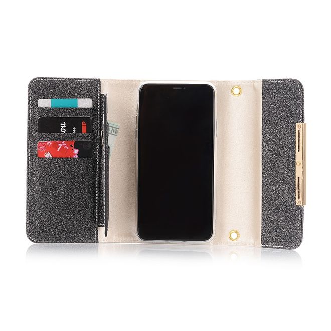 iPhone 11 Pro Max Phone Case - Glittering Clutch with Neck Strap - Black