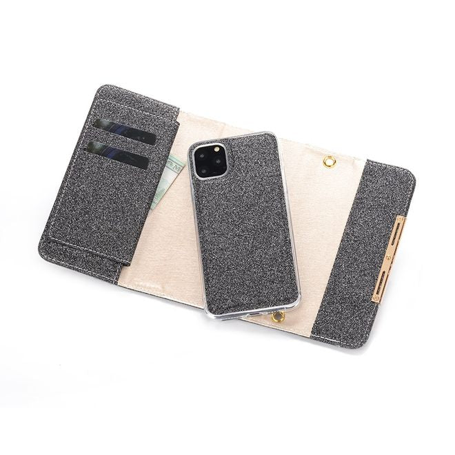 iPhone 11 Pro Max Phone Case - Glittering Clutch with Neck Strap - Black
