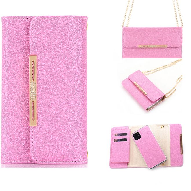 iPhone 11 Phone Case - Glittering Clutch with Neck Strap - Pink