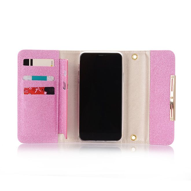 iPhone 11 Pro Phone Case - Glittering Clutch with Neck Strap - Pink