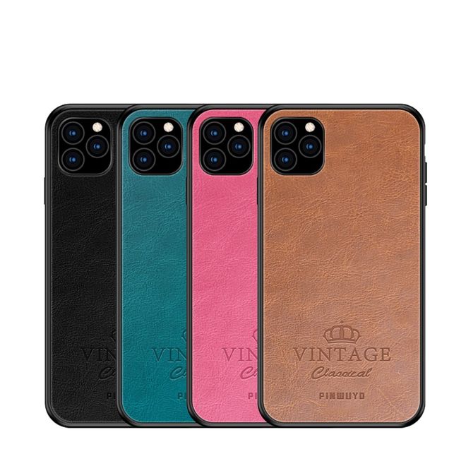 iPhone 11 Pro Max Case - Plastic Hardcase with Retro Leather Back - Pin Rui Series - Brown