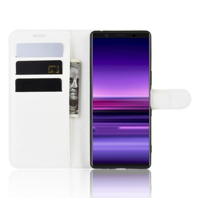 Sony Xperia 5 Handy Hülle - Litchi Leder Bookcover Series - weiss