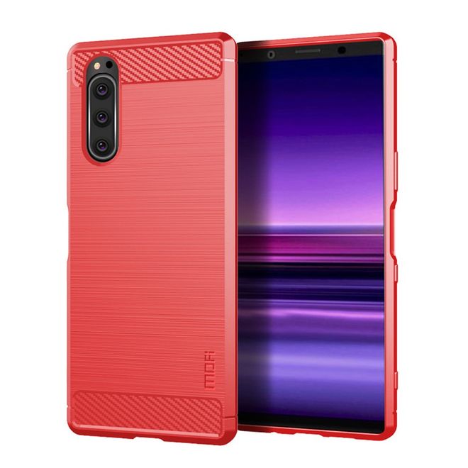 Mofi - Sony Xperia 5 Hülle - TPU Softcase - Carbon Fiber Series - rot
