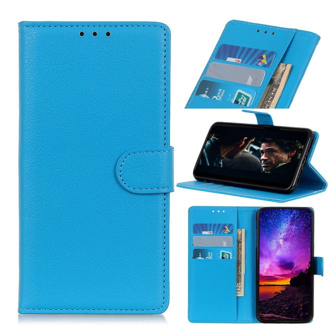 Motorola One Zoom Handy Hülle - Litchi Leder Bookcover Series - blau