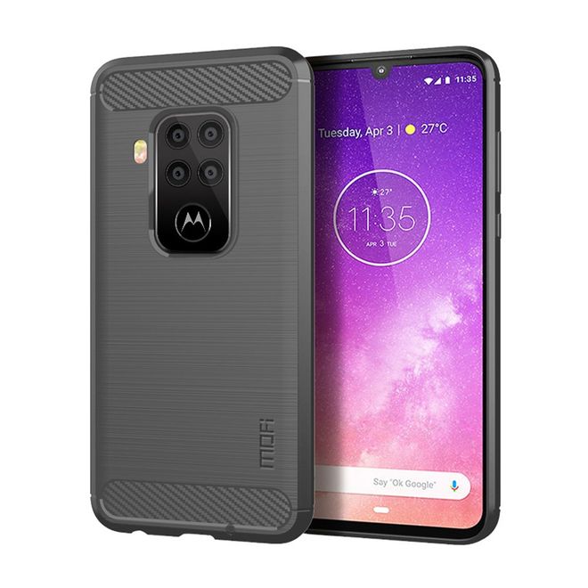 Mofi - Motorola One Zoom Hülle - TPU Softcase - Carbon Fiber Series - grau