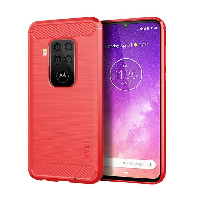 Mofi - Motorola One Zoom Hülle - TPU Softcase - Carbon Fiber Series - rot