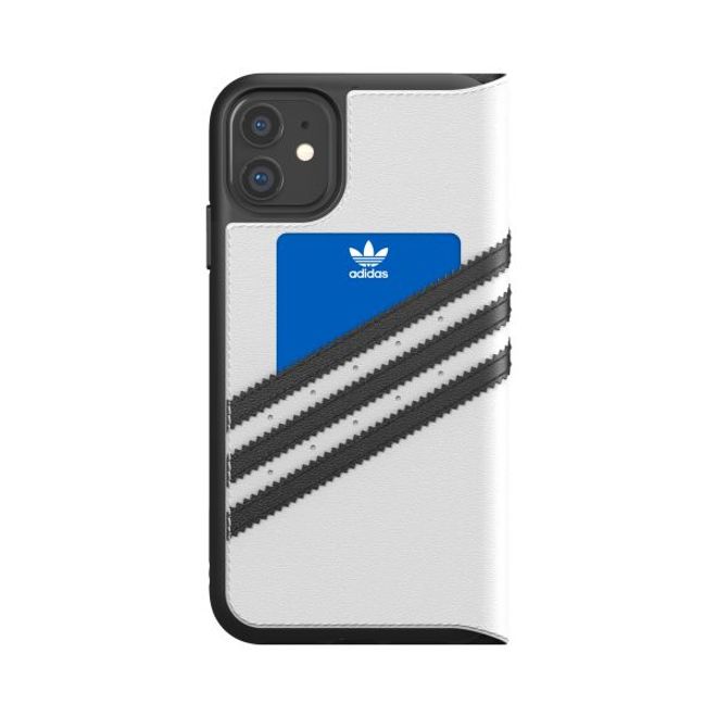 Adidas - iPhone 11 Hülle - PU Bookcover mit Logo und Streifen - weiss/schwarz