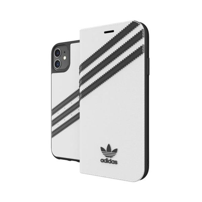 Adidas - iPhone 11 Hülle - PU Bookcover mit Logo und Streifen - weiss/schwarz