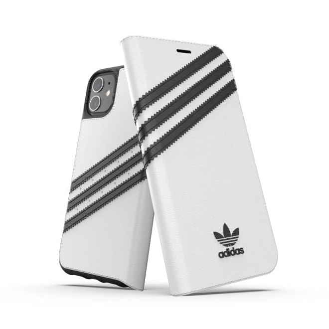 Adidas - iPhone 11 Hülle - PU Bookcover mit Logo und Streifen - weiss/schwarz