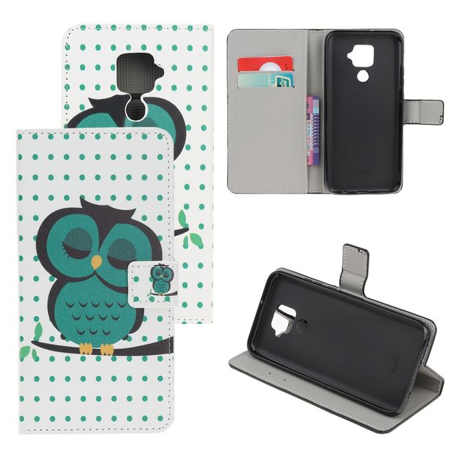 Huawei Mate 30 Lite Handy Hülle - Leder Bookcover Image Series - grüne Eule