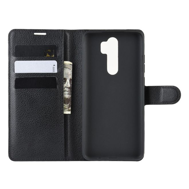 Xiaomi Redmi Note 8 Pro Handy Hülle - Litchi Leder Bookcover Series - schwarz