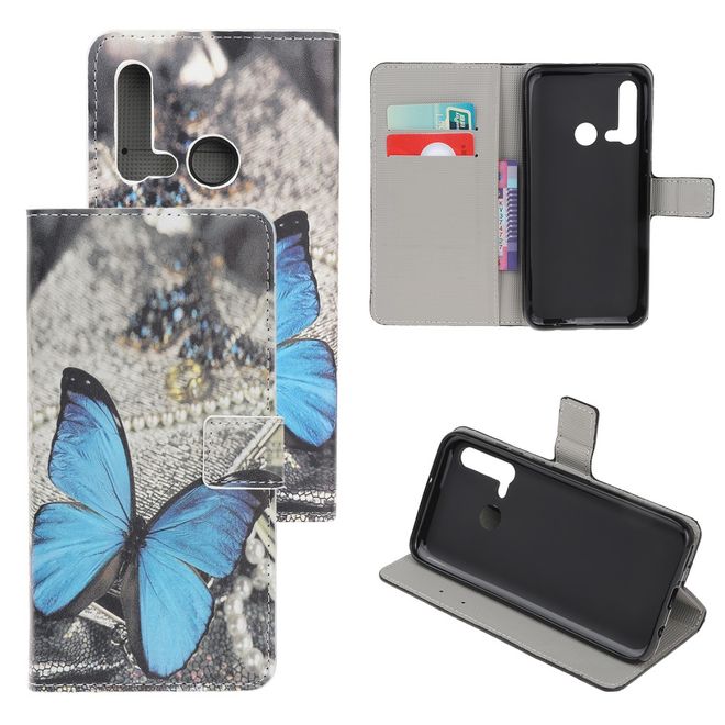 Huawei P20 Lite (2019) Handy Hülle - Leder Bookcover Image Series - blauer Schmetterling