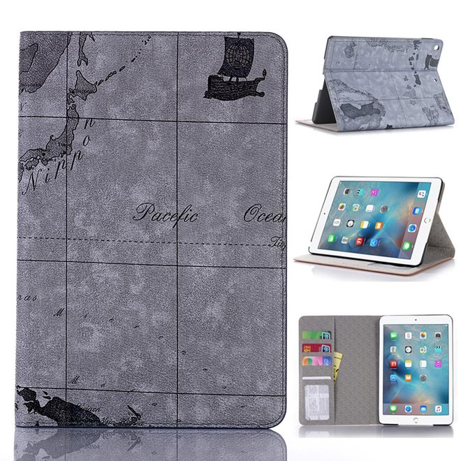 iPad 10.2 Case - Leather Book Cover - Map Cutout - Grey