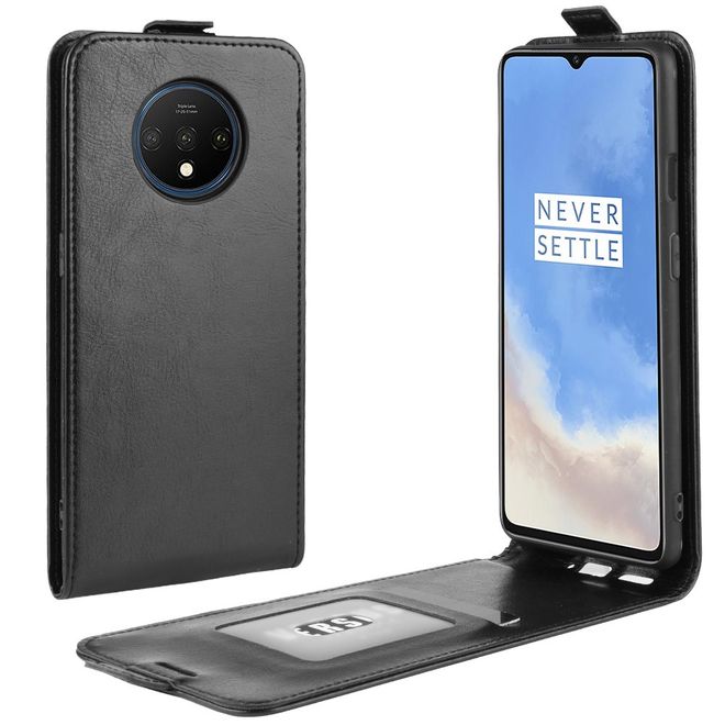 OnePlus 7T Handyhülle - Crazy Horse Leder Flipcase - vertikal - schwarz