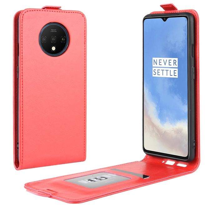OnePlus 7T Handyhülle - Crazy Horse Leder Flipcase - vertikal - rot